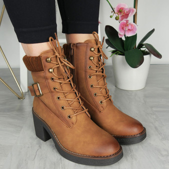 ELENA Camel Ankle Collar Lace Up Zip Boots 