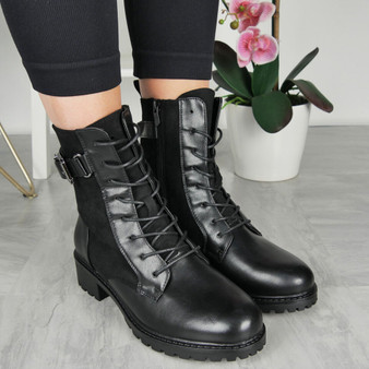  JANE Black Ankle Army Combat Lined Lace Up Zip Boots 