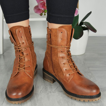 JANE Camel Ankle Army Combat Lined Lace Up Zip Boots 