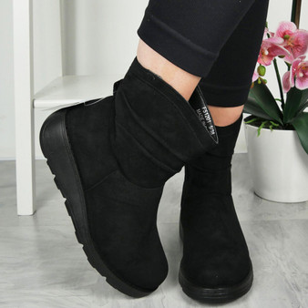 SERENA Black Ankle Wide Fit Wedge Winter Zip Boots 