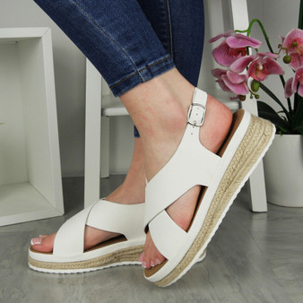 ARIAH White Wedges Cushioned Summer Buckle Sandals 