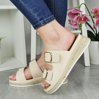 CIANNA Beige Wedge Slip On Summer Sandals 