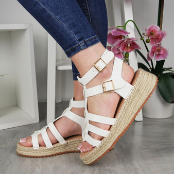 RICI White Wedge Hessian Gladiator Comfy Summer Sandals 