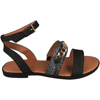 ADONNA Black Ankle Strap Buckle Summer Flat Sandals