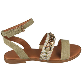 ADONNA Khaki Ankle Strap Buckle Summer Flat Sandals