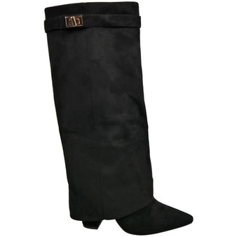 MAGGIE Black Suede Fashion Zip High Heel Hooded Boots