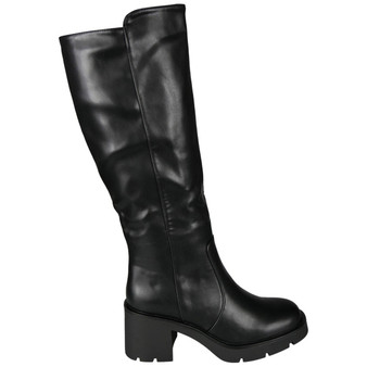 MARGARET Black Mid Calf Lined Zip Casual Chunky Heel Boots