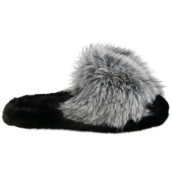 606 Black/White Open Toe Faux Fur Warm Lined Outdoor Slippers 