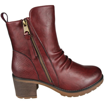 KAYLA Wine Rouched Zip Warm Lined Comfy Grip Heel Ankle Boots 