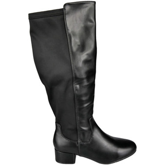 ESME Black Pu Knee High Stretchy Zip Mid Heel Comfy Wide Fit Boots