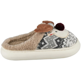 AYLIN Grey Faux Fur Slip On In Out Door Comfy Lined Reindeer Slippers