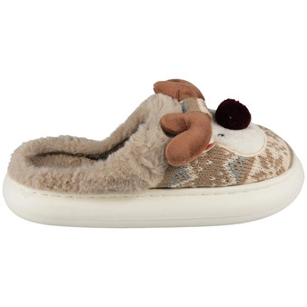 AYLIN Khaki Faux Fur Slip On In Out Door Comfy Lined Reindeer Slippers