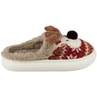 AYLIN Red Faux Fur Slip On In Out Door Comfy Lined Reindeer Slippers