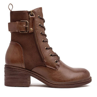 MARA Brown Ankle Lace Up Zip Comfy Warm Lined Army Heeled Boots