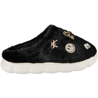 ANAIS Black Faux Fur Closed Toe Comfy Slip On Fluffy Slippers