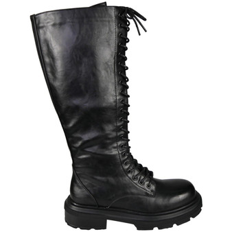 CAROLINE Black Ladies Mid Calf Lace Up Goth Punk Biker Boots 
