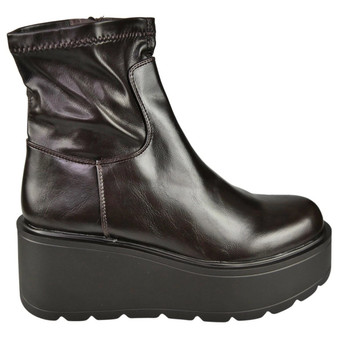 BRAELYNN Brown Ladies Faux Leather Wedge Comfy Stretch Zip Ankle Boots