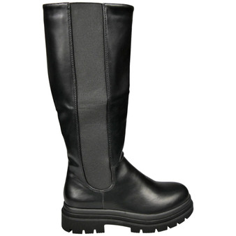 ENID Black Faux Leather Zip Comfy Stretchy Biker Mid Calf Boots