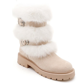 TILDA Beige Mid Calf Faux Suede Buckle Comfy Grip Winter Boots