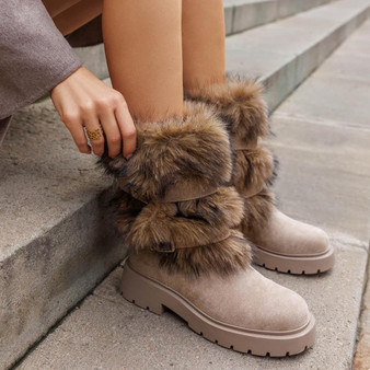 TILDA Khaki Mid Calf Faux Suede Buckle Comfy Grip Winter Boots