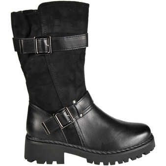 NEVAEH Black Mid Calf Fashio Winter Zip Comfy Buckle Boots