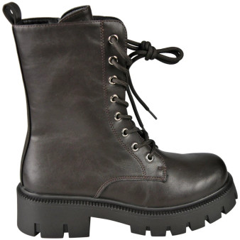 LILIAS Brown Punk Goth Lace Up Biker Military Mid Calf Boots