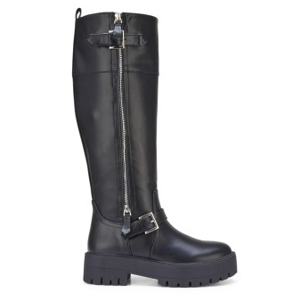 CERI Black Biker Comfy Chunky Heel Goth Zip Rider Mid Calf Boots