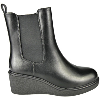 BRYONY Black Faux Leather Ankle Wedge Chelsea Winter Lined Boots