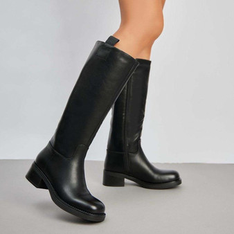 KENNA Black New Faux Leather Elastic Zip Warm Lined Winter Mid Calf Boots