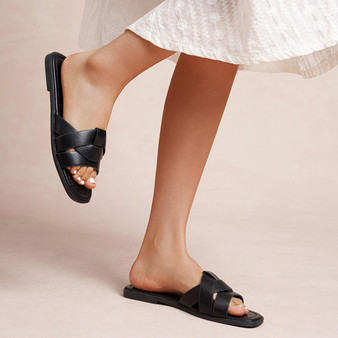 MISHA Black Sliders Flat Mules Comfort Slip On Shoes