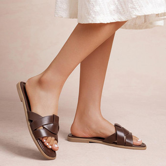 MISHA Brown Sliders Flat Mules Comfort Slip On Shoes