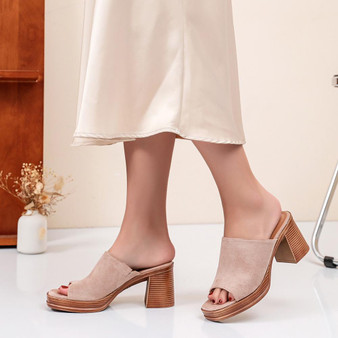 MARGOT Khaki Slip On Open Toe Mid Heel Beach Sliders