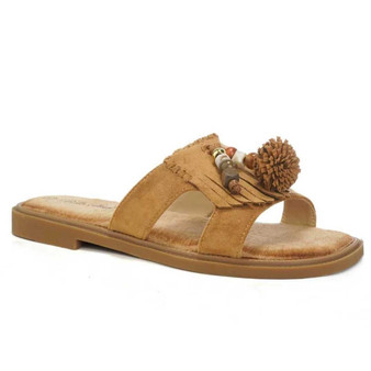 DOREEN Camel Open Toe Comfy Cushioned Summer Mule Sliders