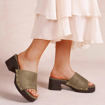 SOFIA Green Ladies Slip On Mid Heel Beach Mules