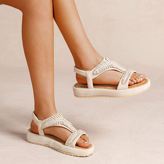 VIOLET Beige Ladies Open Wedge Ankle Strap Sandals