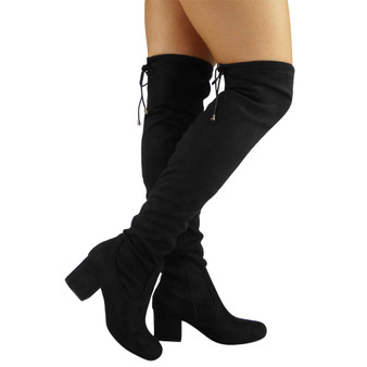 "EILIDH" Black Over The Knee Boots Lace Up Long Low Heel