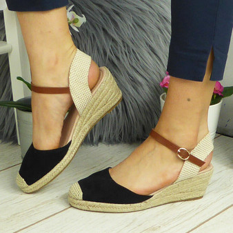 KAYLEE Black Hessian Buckle Closed Toe Summer Sandals