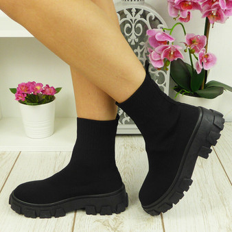 SWAY Black Sock Ankle Mid Calf Chunky Heel Boots 