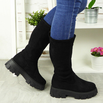 DION Black Mid Calf  Chunky Heel Boots 