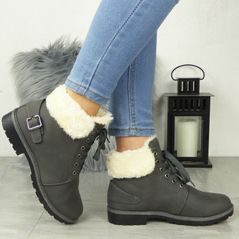 RHIA Grey Ankle Fur Lined Buckle Boots 