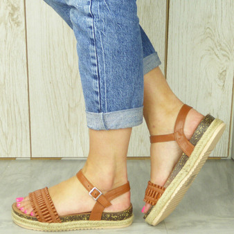 MITZI Camel Strappy Hessian Buckle Sandals 