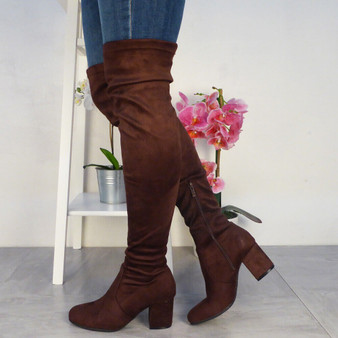 SULLY Brown Thigh High Mid Heel Boots 
