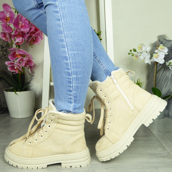 ZENEDA Beige Ankle Lace Up Lined Boots