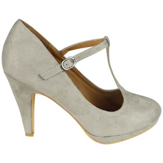 Cadie Grey High Heel T-Bar Court Shoes