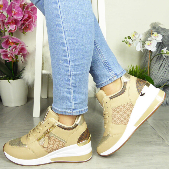 LAMZI Khaki Wedge Trainers Lace Up Shoes