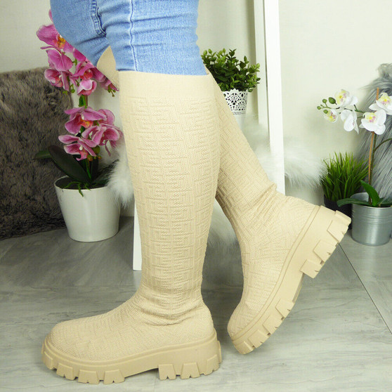 MENDOSA Beige Sock Mid Calf Winter Boots