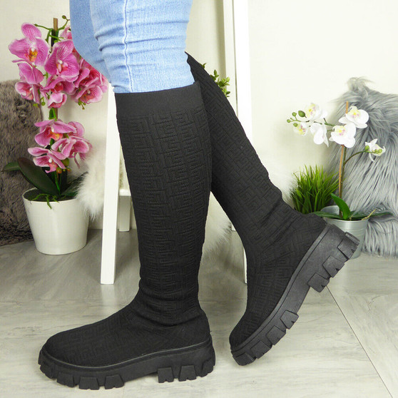 MENDOSA Black Sock Mid Calf Winter Boots