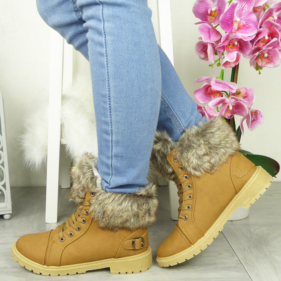 YURSHI Camel Ankle Winter Lace Up Boots