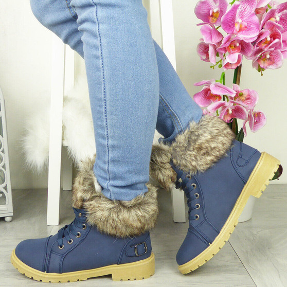 YURSHI Navy Ankle Winter Lace Up Boots