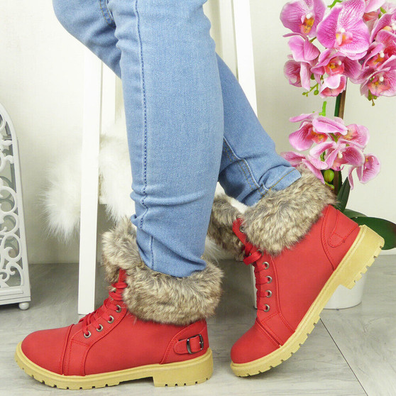 YURSHI Red Ankle Winter Lace Up Boots